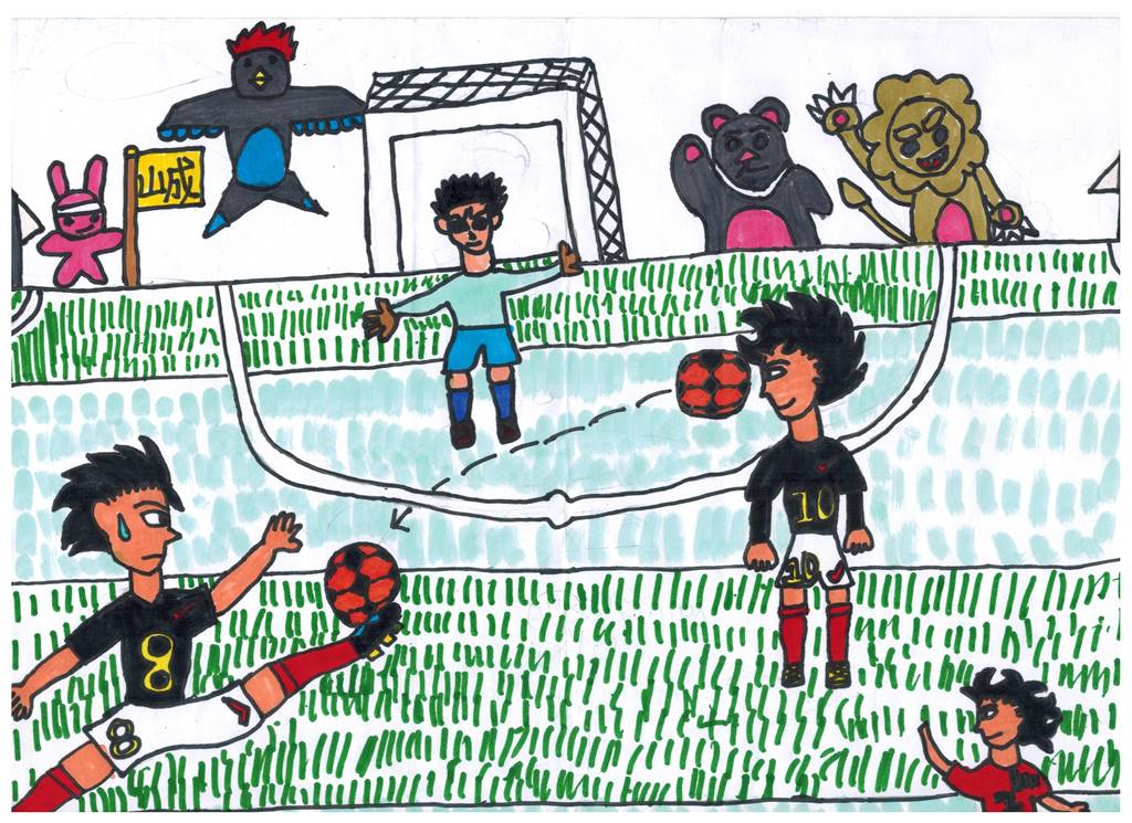 埔里山城足球俱樂部「我愛踢足球」繪畫比賽第三名作品。作者：徐慎甫